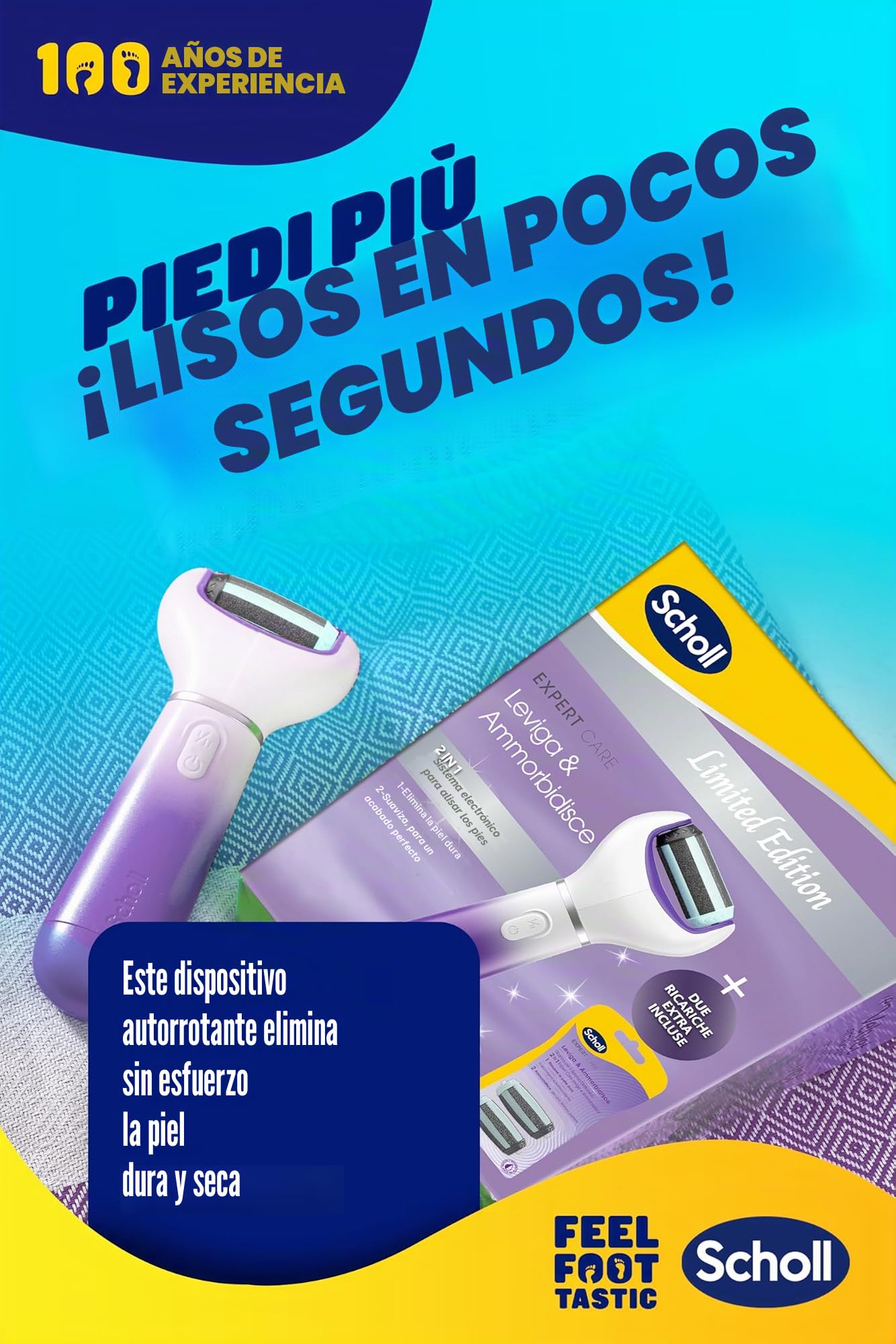 Scholl 2 en 1 - Suaviza y suaviza la edición limitada, pedicura eléctrica para pies y talones agrietados, 3 cabezales de doble acción incluidos, lima de pies profesional, elimina la piel dura y con