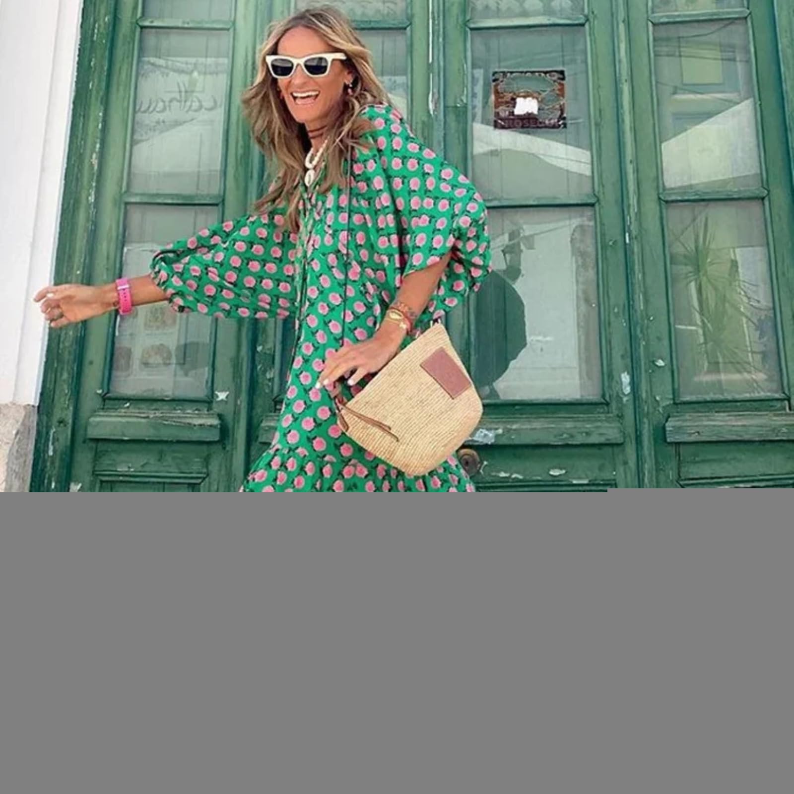 Vestido Casual Casual de Tobillo con Estampado geométrico de Siete Cuartos de Manga Burbuja y Manga Cuenca Cuenca en Forma de Mujer