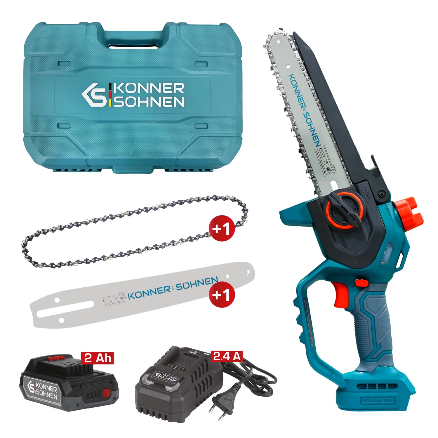 K&S Könner&Söhnen KS MCS20V-8 Case - Minimotosierra con batería de 8 pulgadas, motosierra eléctrica de mano con lubricación automática de cadena, sierra con batería de una sola mano con cargador de