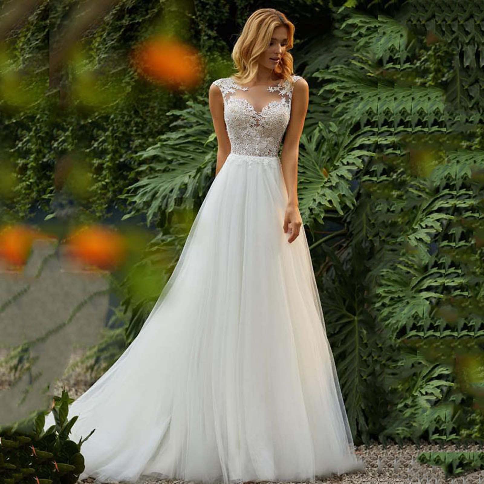 Abito da Sposa per Le Donne Scollo a V in Pizzo Senza Maniche Abito da Sposa, Bianco, 18 Large Sizes