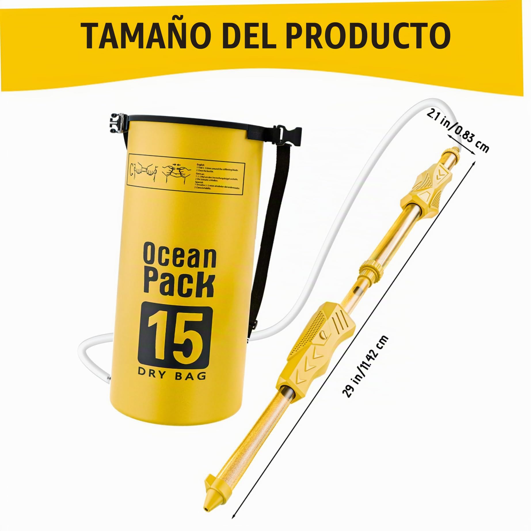 Pistolas de agua para niños, pistola de agua de largo alcance con tanque de mochila (15 L), color amarillo, PVC, juguetes de verano para playa, piscina, patio y exterior. Pistola de con tanq