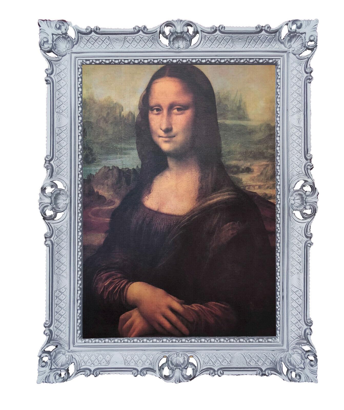 Mona Lisa Silber Bild mit Barock Rahmen Wandbild von Leonardo da Vinci 70x90cm Kunstdrucke Gemälde Retro Repro Antik für Home Büro Praxis Café 58B