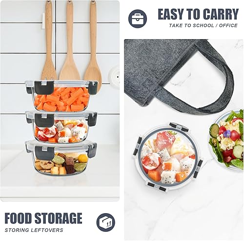 Miniatura 4 de Paquete de 6 recipientes de vidrio de 13 onzas, pequeños recipientes redondos de almacenamiento de alimentos de vidrio con tapas a prueba de fugas