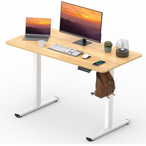 Adjustable Stand Up Desk with Memory Preset,Electric Standing Desk 47 x 24 Inch Home Office Desk Computer Workstation Sit Stand Desk, Splice Maple Top + White Frame