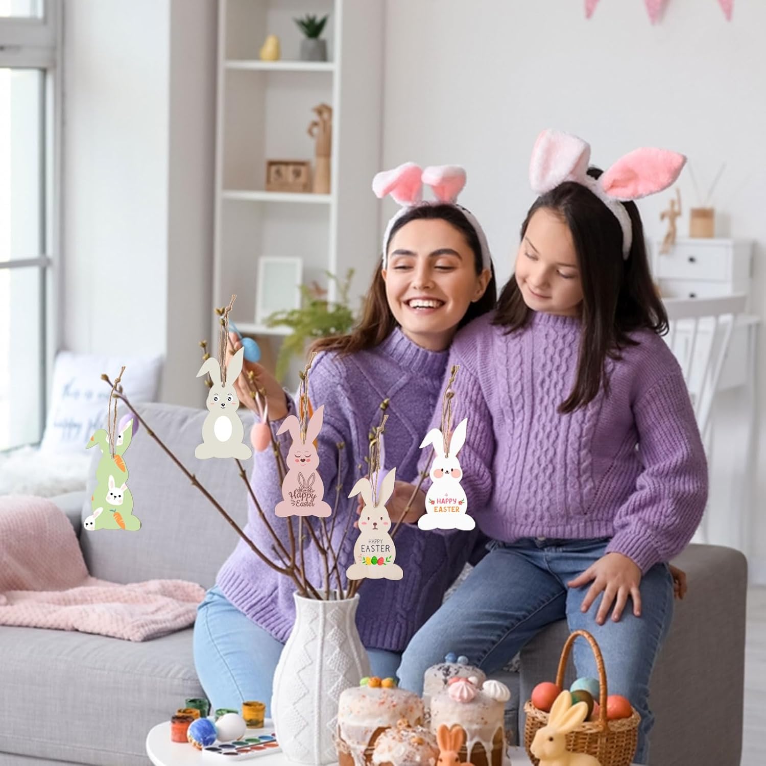 AWIZOM 72 Pcs Easter Bunny Wood Cutouts Unfinished Wooden Bunny Ornaments Wooden Rabbit Cutouts Blank Wood Spring Bunny Slices with Twine for DIY Crafts Tags Spring Easter Hanging Decor,3.94x1.97 - Image 6