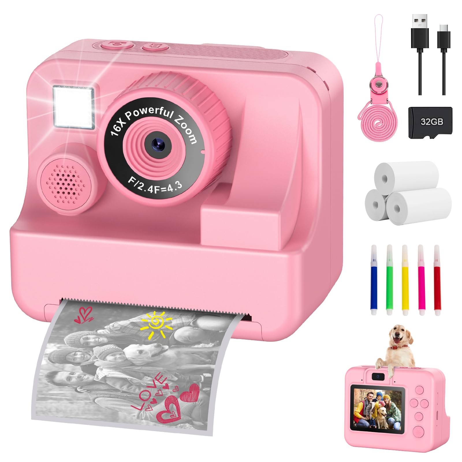Sofortbildkamera Kinder mit Selfie 1080p, 32GB Karte & 3 Rollen Druckpapier, Geschenke für Jungen & Mädchen 3-12 Jahre