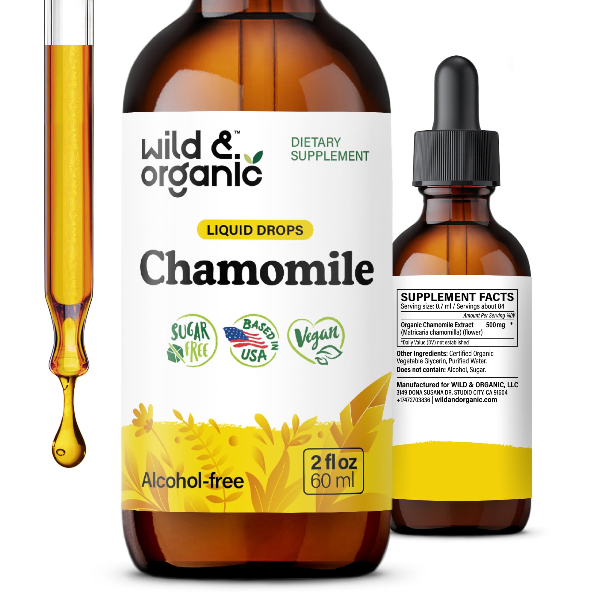 Wild & Organic Chamomile Tincture - Relaxing & Calming Chamomile Supplement - Liquid Flower Extract Drops - Vegan, Sugar & Alcohol-Free - 2 fl oz