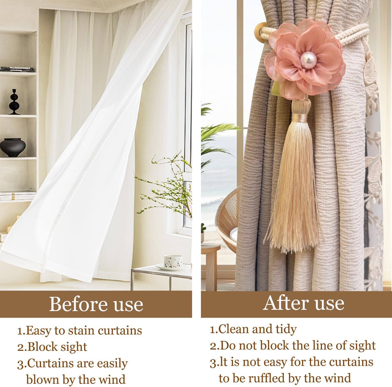 Flower Curtain Tiebacks 2 PCS，Simple Elegant Tassel Curtain Tie Backs，Accessories Wall Decoration ，Drapery Tiebacks for Bedroom Window Treatment (Pink)