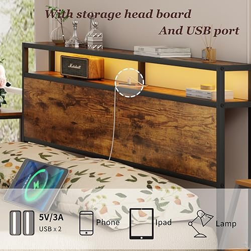 Miniatura 6 de Ochangqi Base de cama matrimonial con luces LED y 2 puertos de estación de carga USB, base de cama de plataforma de tamaño matrimonial, no necesita