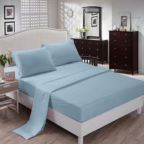Miniatura 3 de Sábanas de 400 hilos 100% satén de algodón con bolsillo profundo, sábanas frescas y fuertes de algodón (azul claro, tamaño King (estándar