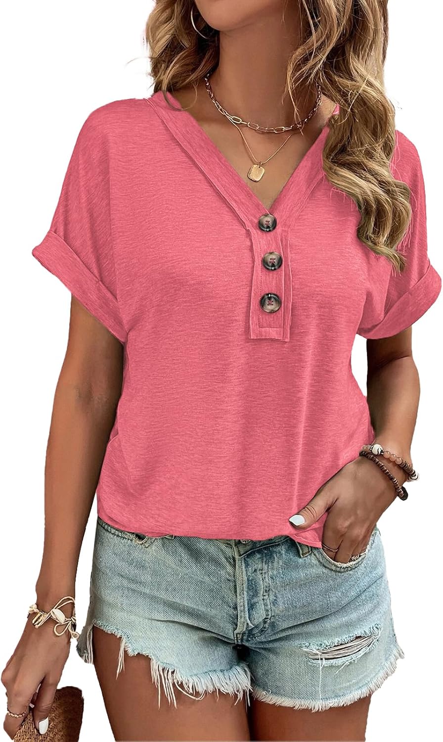 Women Summer Tops Spring Fashion Button Down Shirts Short Sleeve Tshirts Casual T Shirts V Neck Clothes X-Large Pink