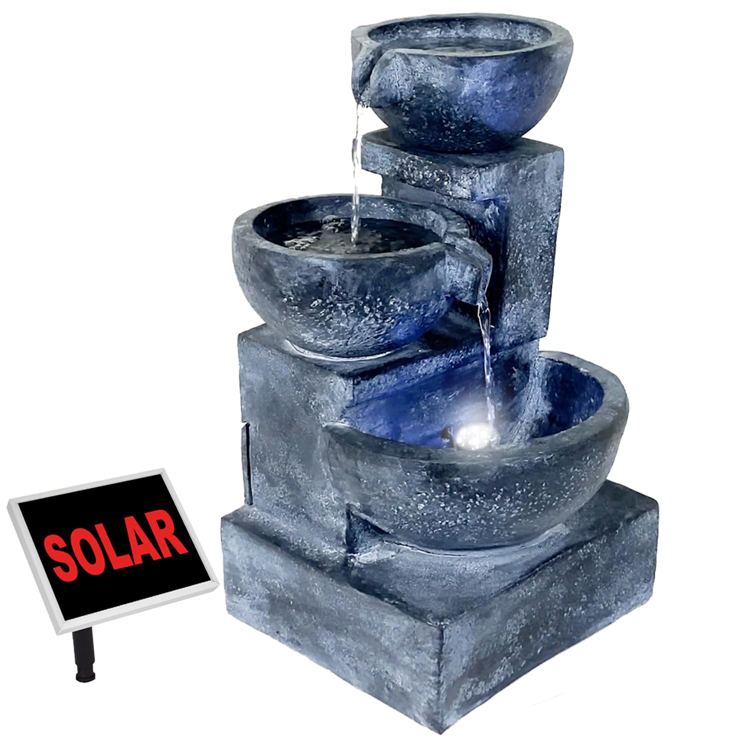 Fontana solare da giardino, fontana solare con luce LED, fontana decorativa, cascata, luce da giardino, pompa per laghetto per terrazza con pompe (fontana solare GRANITSCHALEN-Kaskade-3 con luce LED)