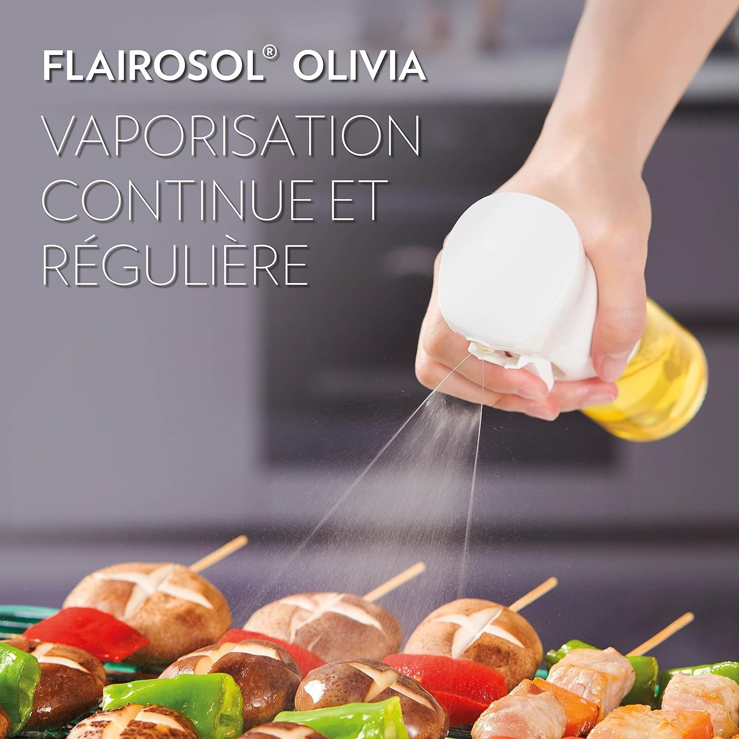 FLAIROSOL OLIVIA Vaporisateur d'Huile en Verre 130ml - Technologie de Pulvérisation Continue avec Contrôle des Portions - Polyvalent pour Cuisine, Salades, Barbecues, Vuisson, etc. (Logo Blanc)