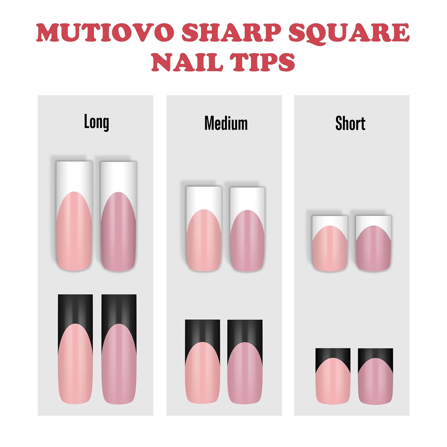 Black French Tip Long Straight Square Nail Tips Press on, BABY PINK Extra Thick Soft Gel Nail Extension, Full Cover False Nails, NEED Builder Glue Gel & Top Coat,for DIY x 15 Sizes 180 pcs