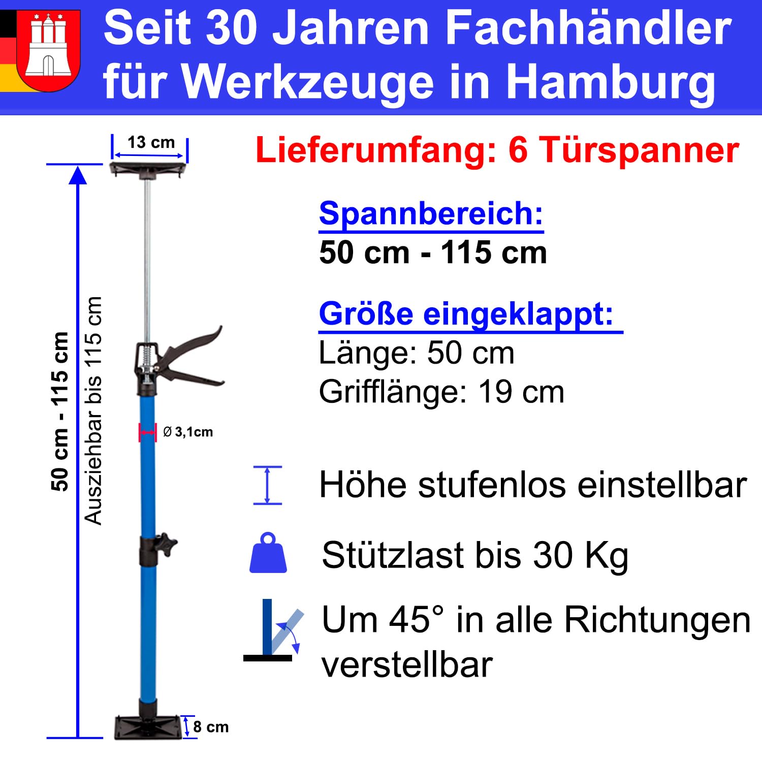 6 STK. Türspanner Türfutterstrebe Türspreize 50-115cm Türmontagehilfe Zargenspanner Türzarge