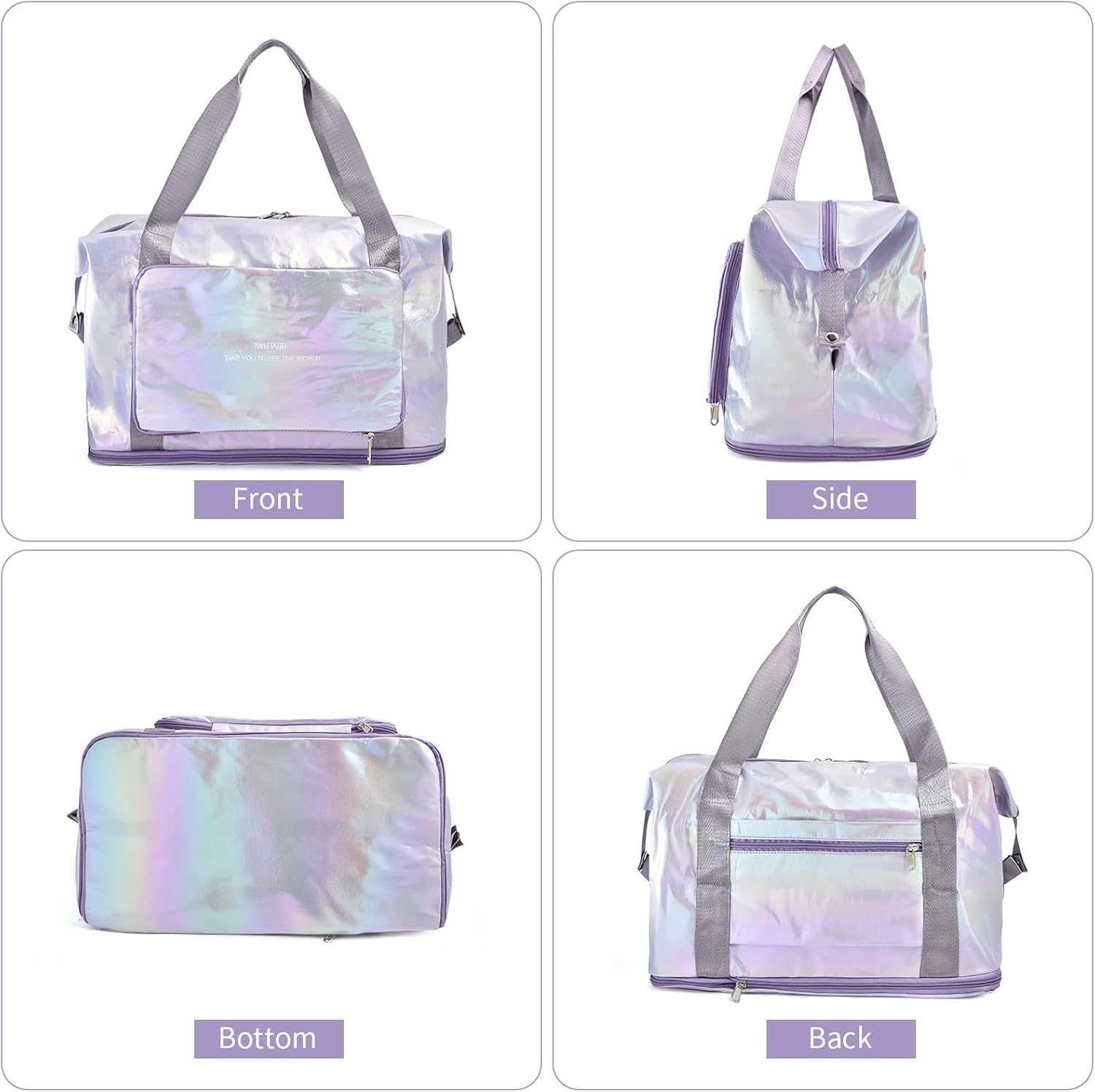 IwIeIaIrI Weekender Overnight Bags for Women Men,Waterproof Lightweight Foldable Gym Duffel Dance Bag for Girls Kids Women Weekend Travel with Laser Color (Purple) - Image 6