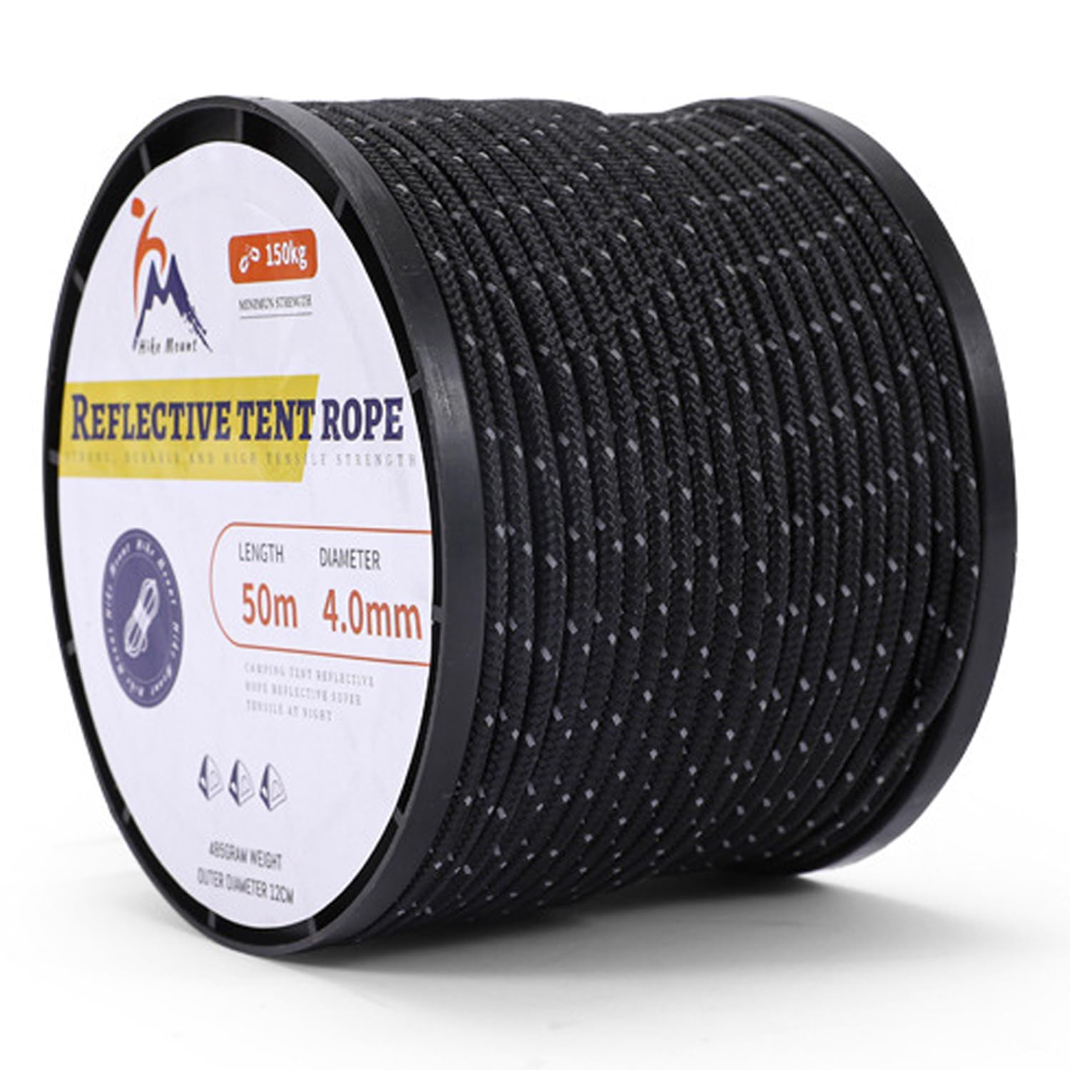 パラコード ガイロープ 反射材入り 4mm 紐 50m巻 耐荷重200kg 12芯仕様 継ぎ目なし ノーカット テントロープ タープロープ ガイドロープ 細引き DIY編むクラフト アクセサリー制作 キャンプ アウトドア用 (ブラック, 4mm*50m)