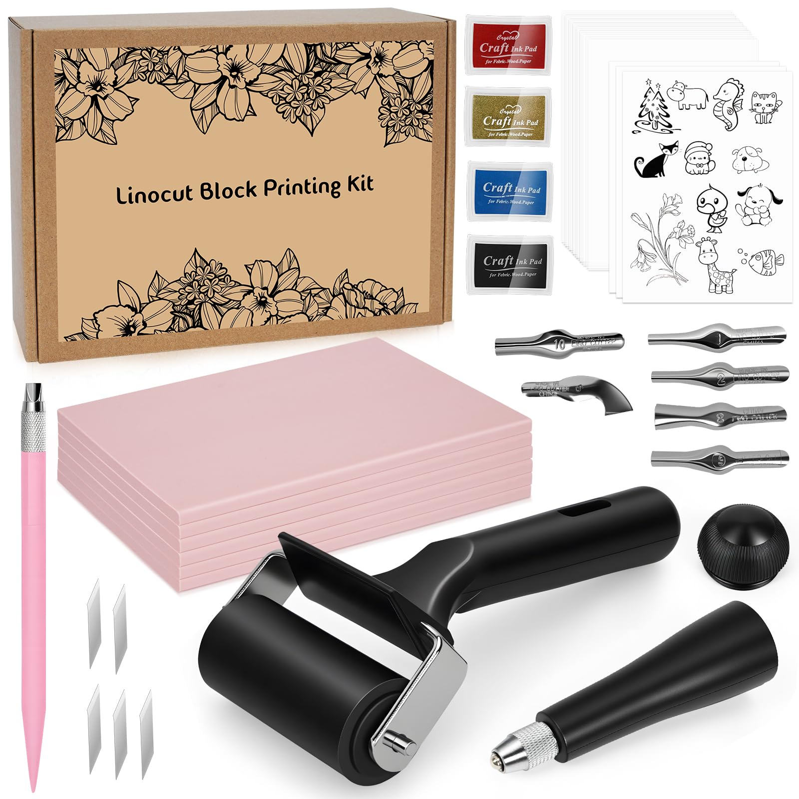 Kit 28 pièces de Gravure et Impression linoléum, kit débutant Bloc | avec blocs caoutchouc, outils de sculpture, papier calque et rouleau en caoutchouc pour gravure et impression artistique
