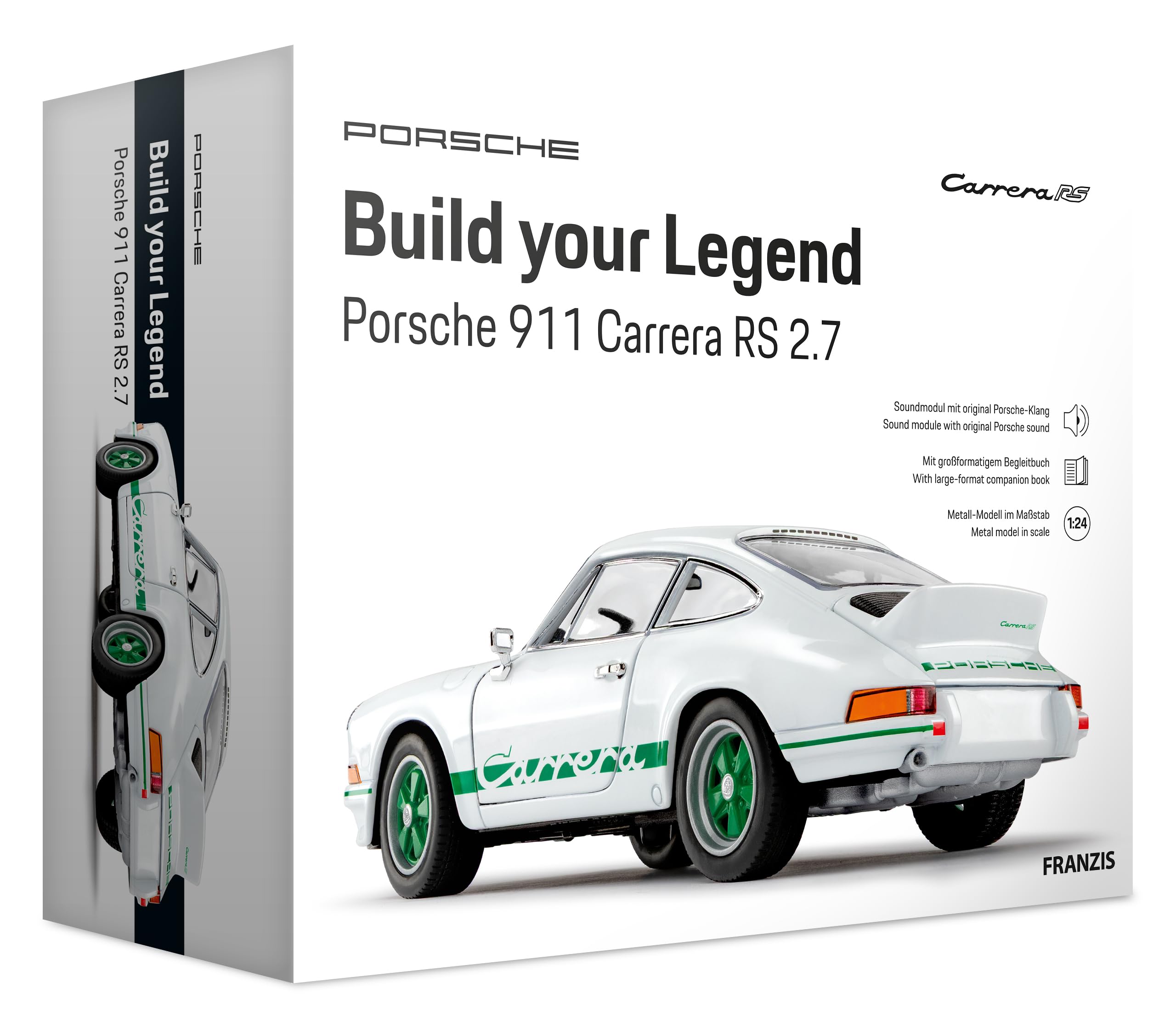 Franzis 67267 - Porsche 911 Carrera RS 2.7 - Build Your Legend - detailgetreuer Modellbausatz inkl. Soundmodul, LED-Beleuchtung, Begleitbuch