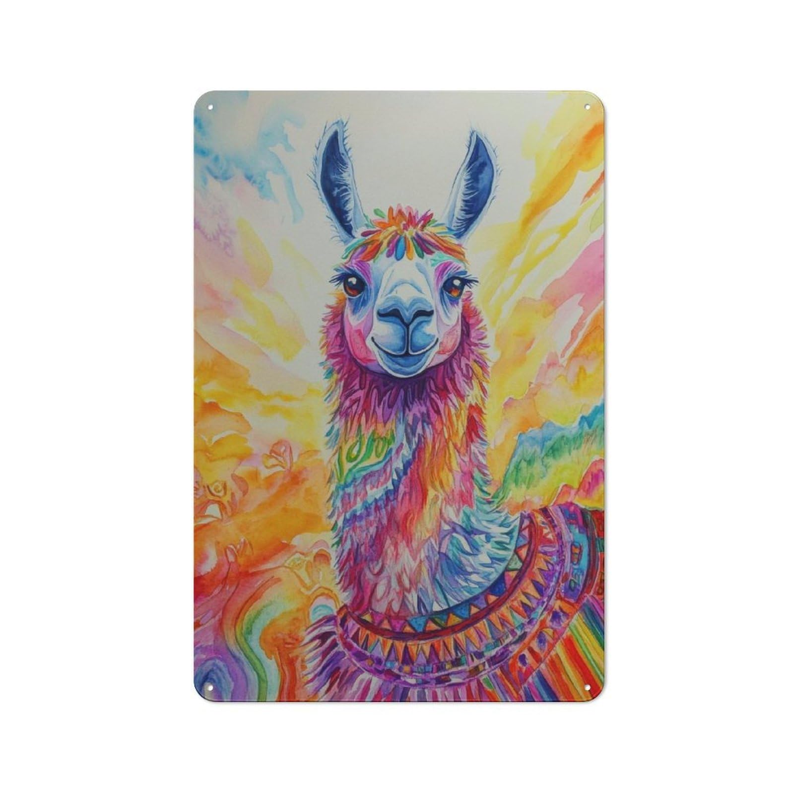 Junmoney Rainbow Llama Watercolor Vintage Tin Sign 30X20cm For Garden Room Or Summerhouse, For A Newly Organised Room And Metal Sign Display