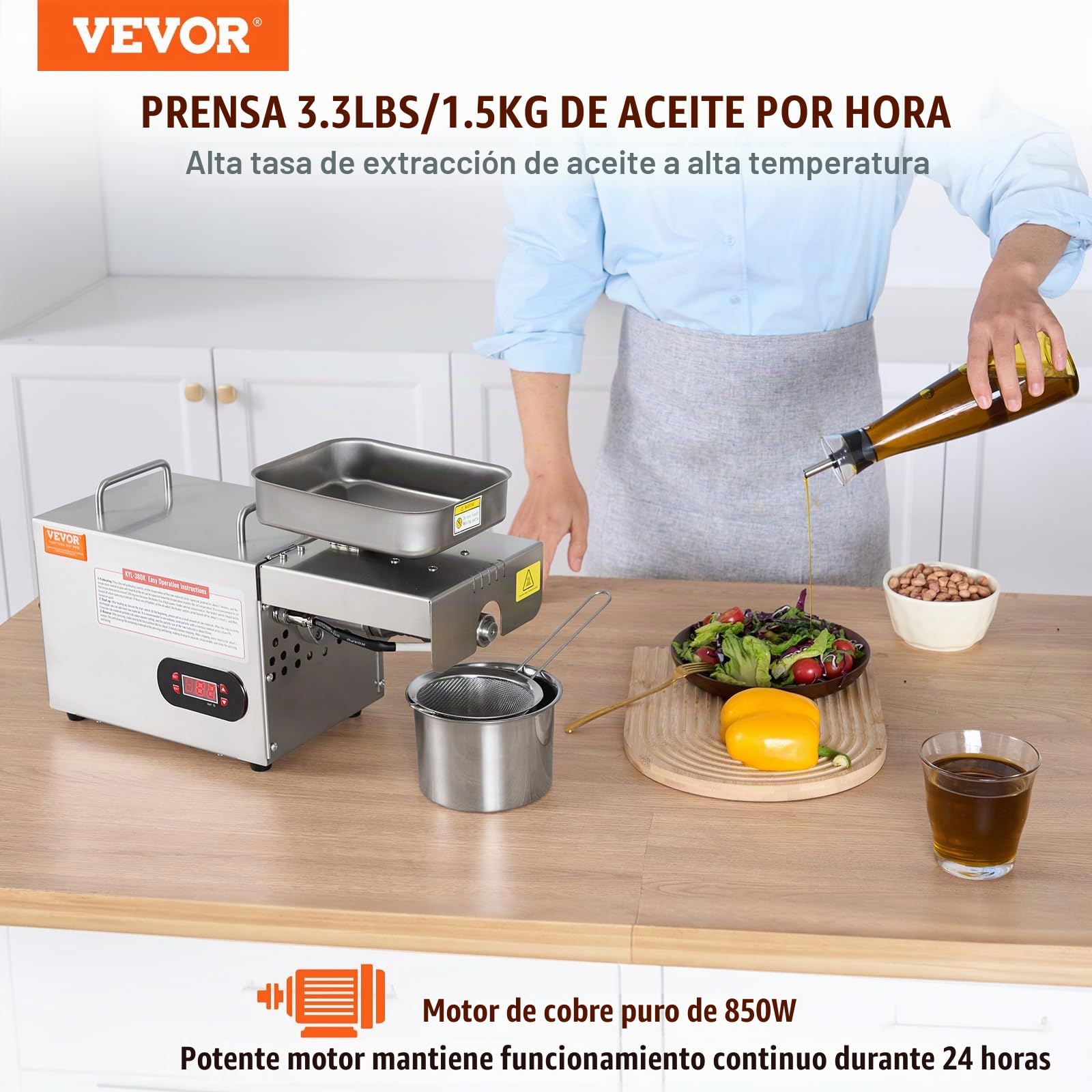 VEVOR Prensa de aceite eléctrica máquina de extracción de aceite de acero inoxidable 850W temperatura ajustable 0-300°C expulsor de aceite de prensa para exprimir cacahuetes, semillas de sésamo
