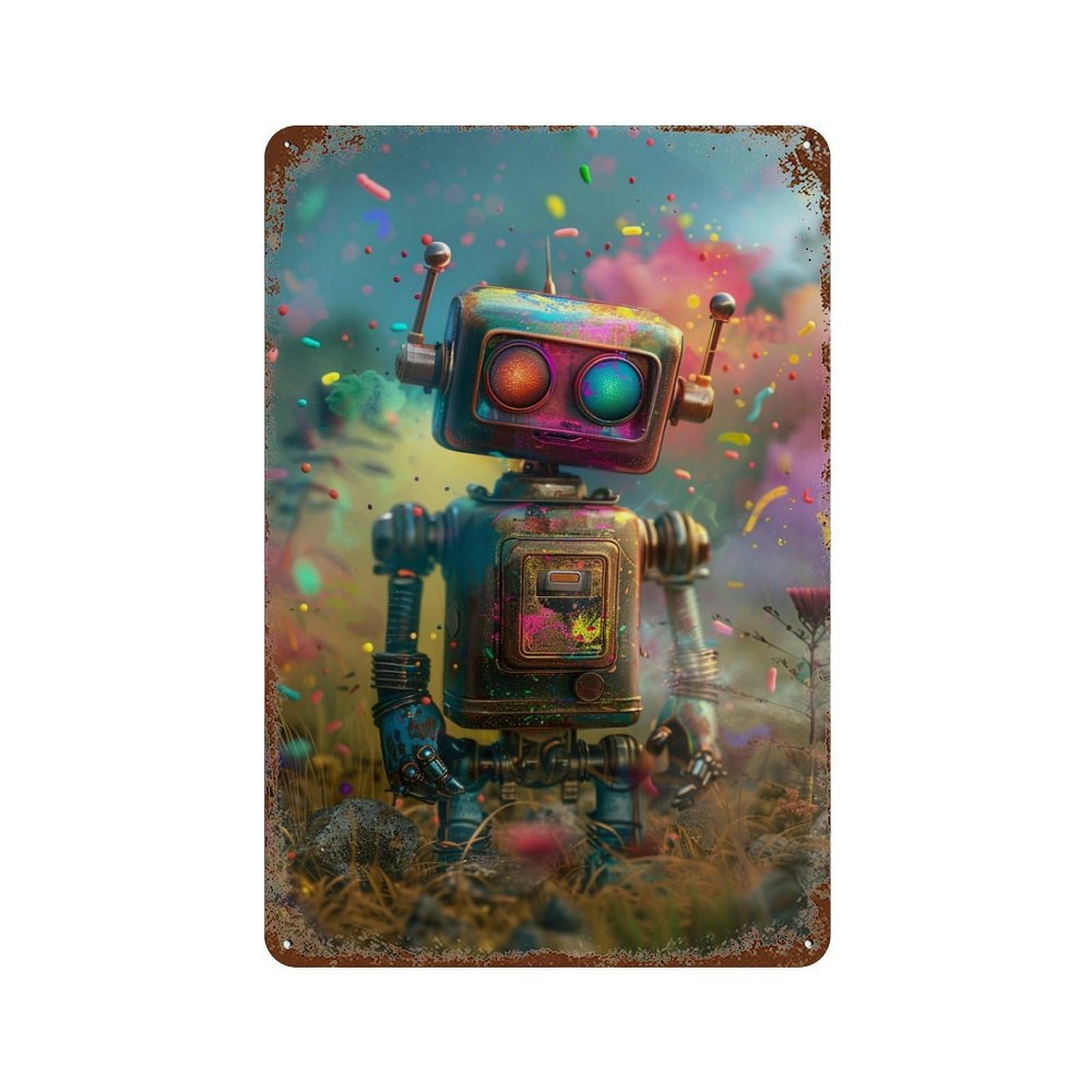 Rustic Tin Plaque with Colorful Robot Garden Scene Design 11.8"x7.9", for Cafe, Home Bar And Lounge Decor, Novelty Wall Decor