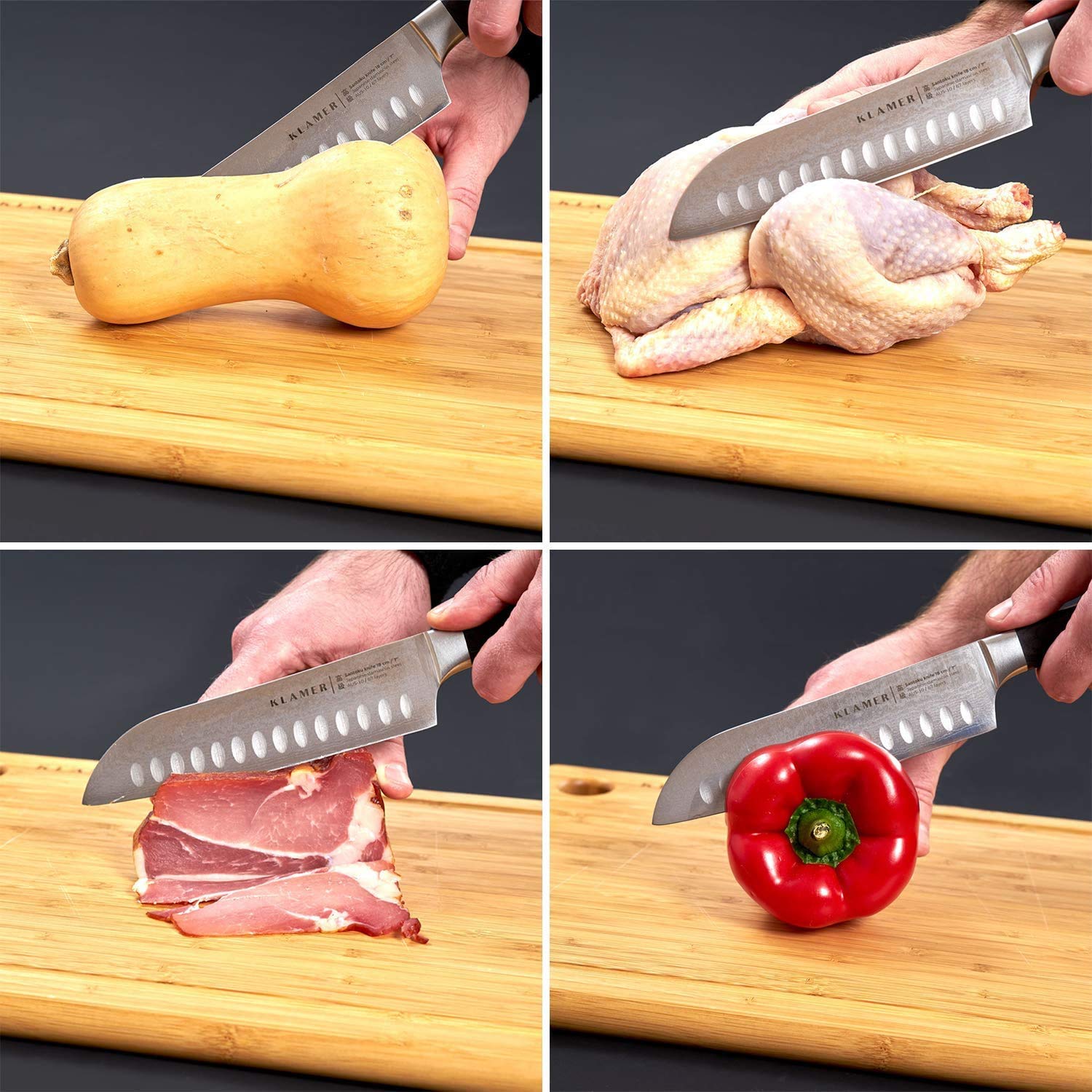KLAMER Santoku Damastmesser 18 cm – Kochmesser aus 67 Lagen japanischem Damaszener Stahl (61 HRC), ultrascharf mit 13 Grad Schnittwinkel, Kullenschliff, ergonomischer Pakkaholzgriff, Premium Messe