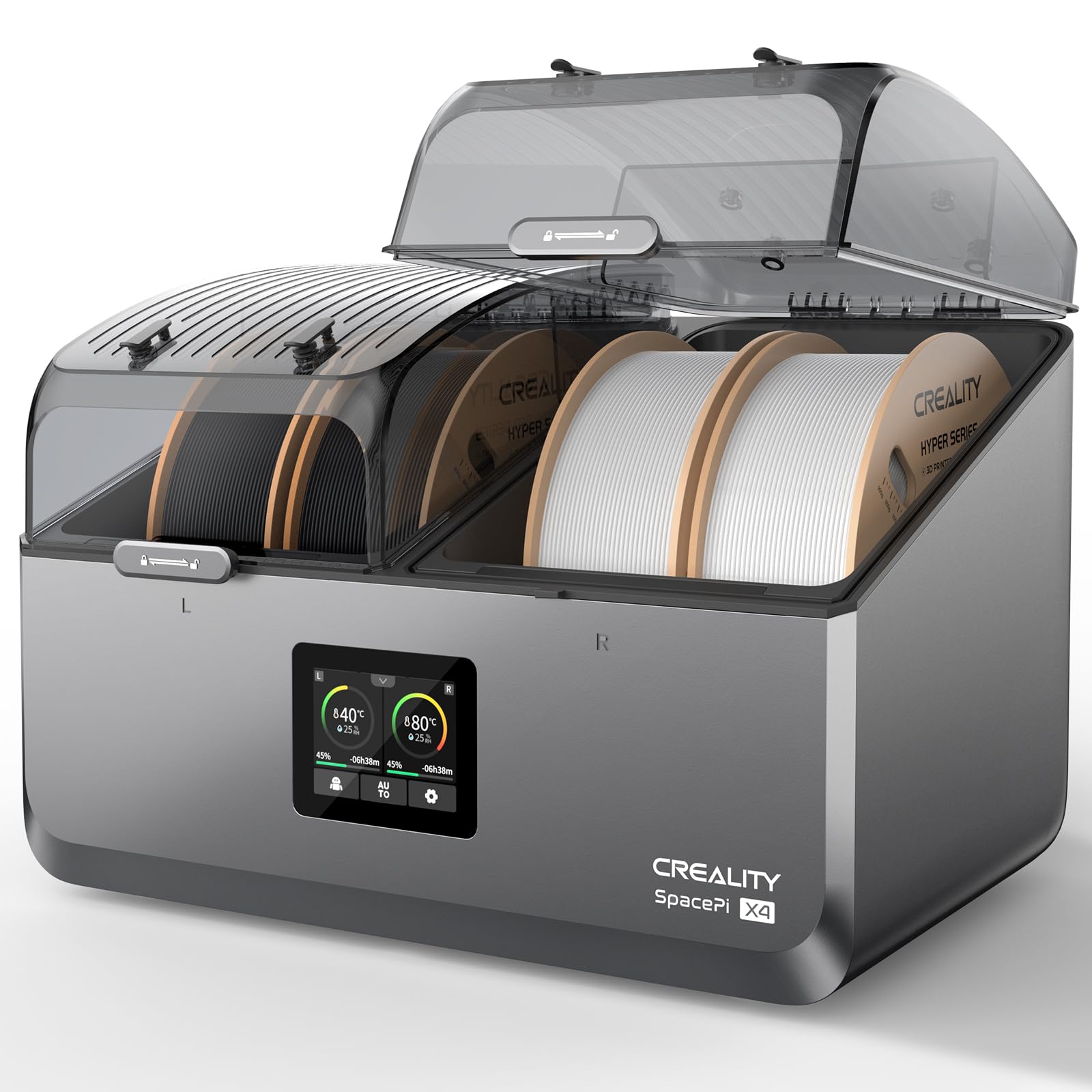 Creality Filamenttrockner 4 Spulen,Space Pi X4 Filament Aufbewahrungsbox:Zwei Unabhängige Heizkammern bis zu 85 °C, Automa Geräuschloser Energiespar Aufbewahrung with 4kg Schwarz/Weiß Hyper PLA