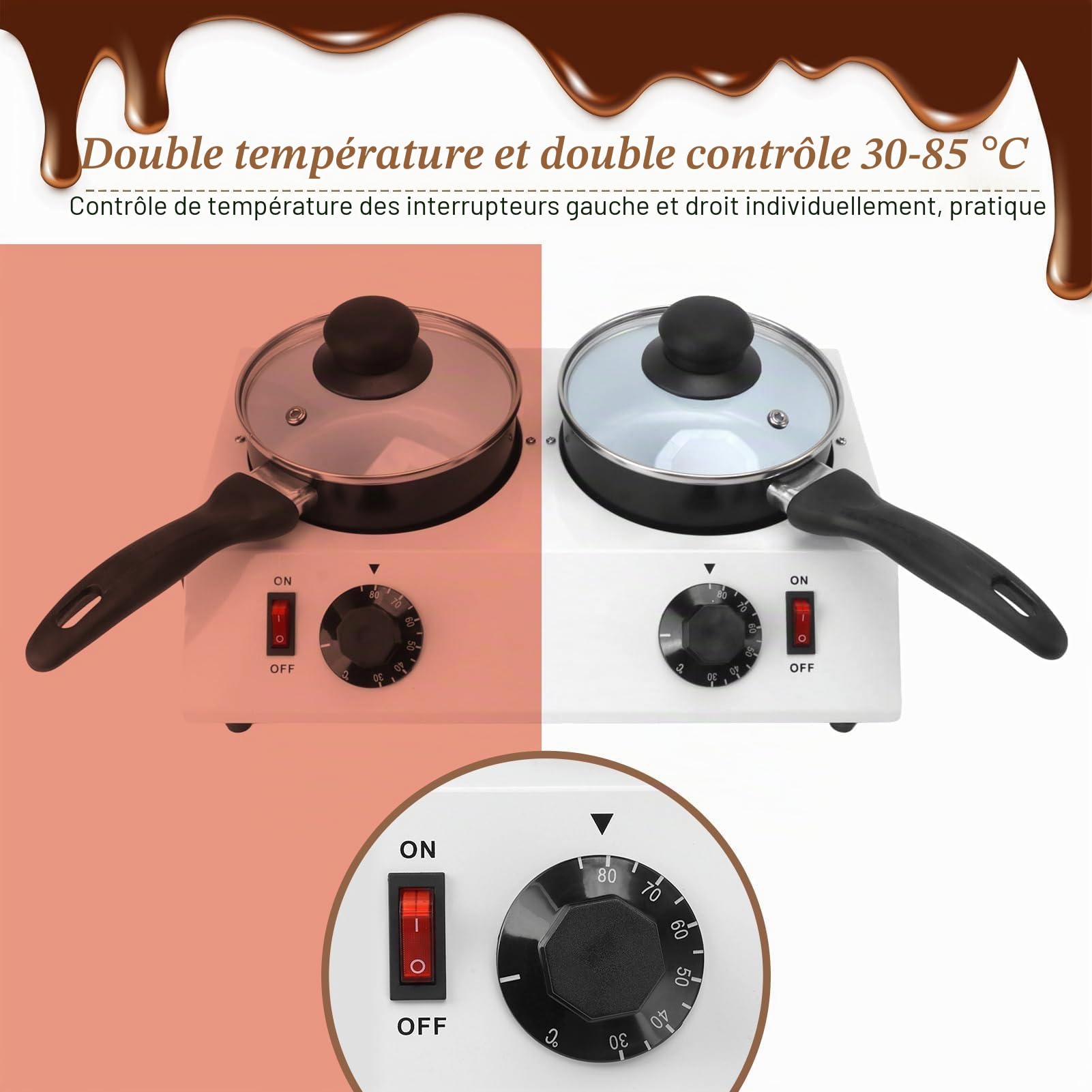 Fondoir à Chocolat Électrique 2 Réservoirs, 80W, Machine à Fondre le Chocolat avec Commande Manuelle