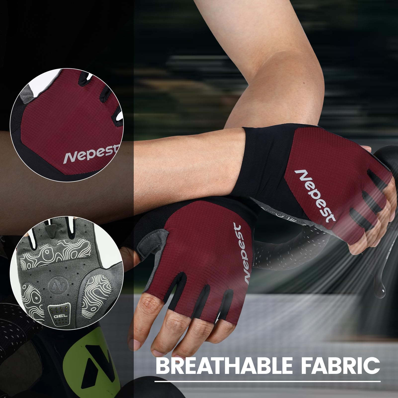 Nepest Guantes de ciclismo para hombre y mujer, con medio dedo, acolchados