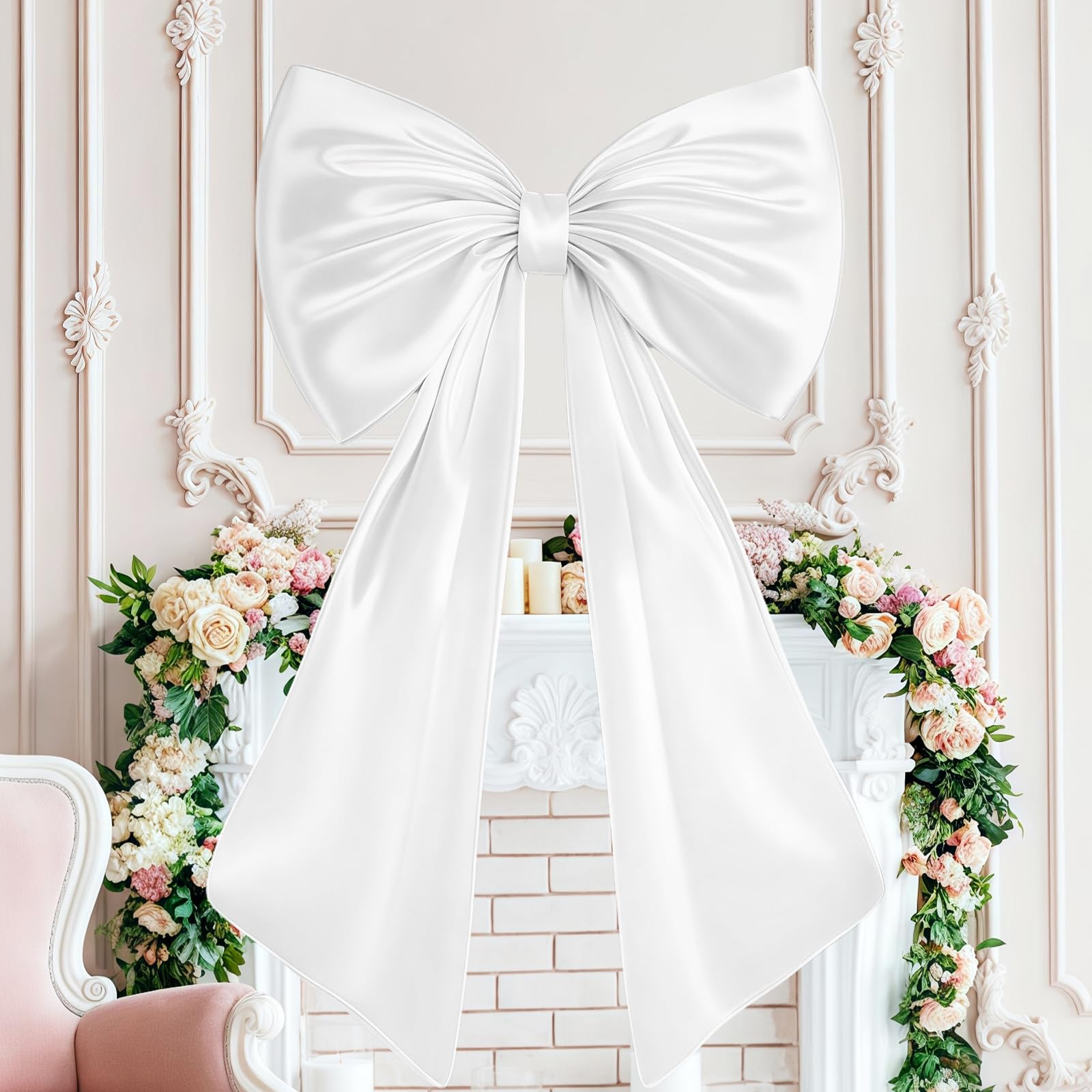 Duża satynowa kokardka, 61 x 100 cm, duża kokarda, gładka satynowa kokardka na wesele, Boże Narodzenie, dekoracja ścienna, urodziny, baby shower, akcesoria imprezowe (biała)