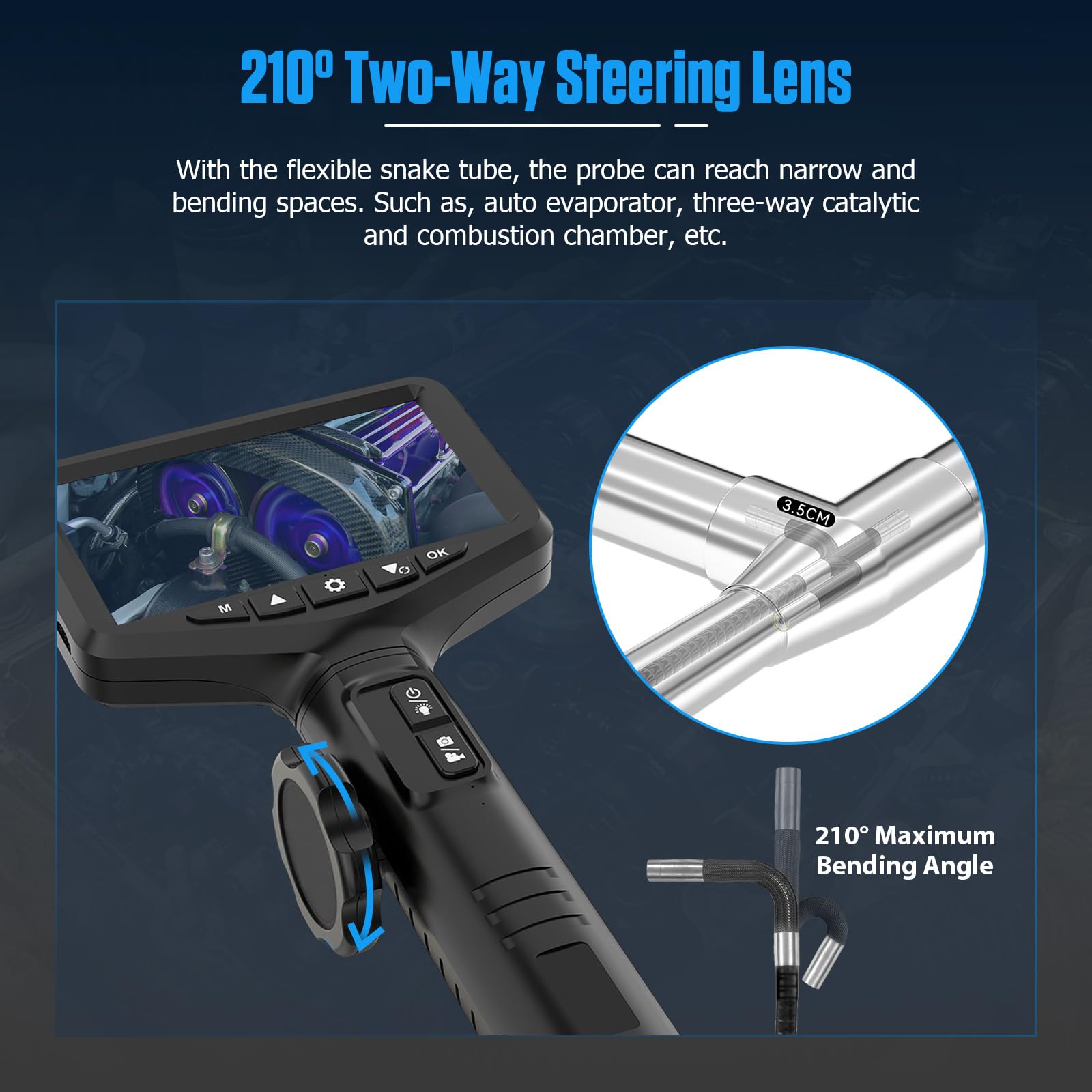 MRCARTOOL Endoscopio Industrial para Móvil 2MP Cámara de Inspección con Luz, Bidireccional Sonda de 210° Giratorio, Pantalla LCD IPS de 5" HD 1080P Boroscope con 6.35mm Cámara, IP67, Tarjeta TF