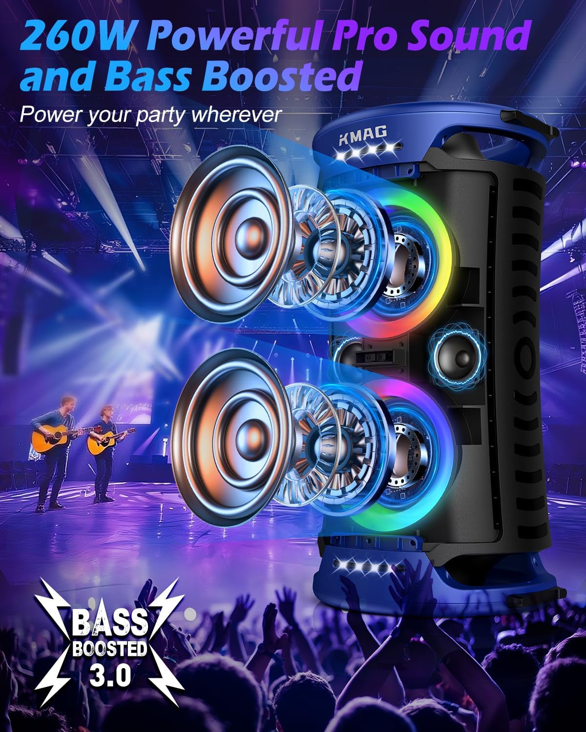 Large Bluetooth Speaker, 260W Peak Powerful Loud Sound with Deep Bass, 15Hr Playtime, Fast Charge, TWS, Cool Lights, Portable Outdoor Speaker Wireless for Party, Camping, Beach, Backyard, Work (Blue) - Image 2