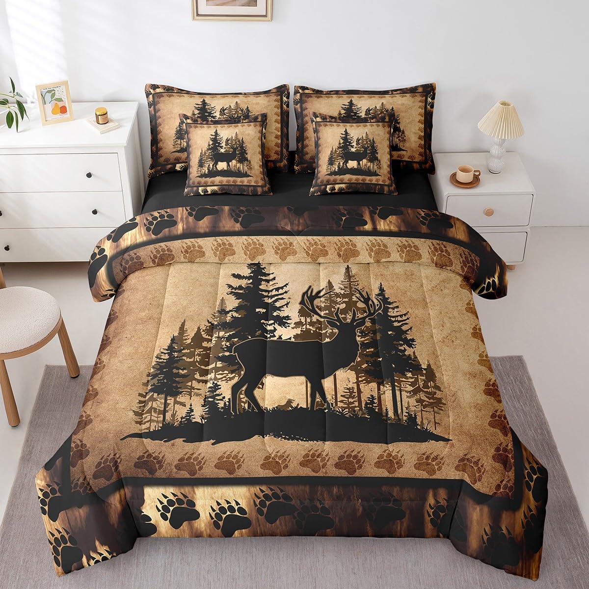 Feelyou Cute Deer Comforter Set with Sheets 7 Piece Queen Size for Girls Boys Kids Deer Hunting Bed in a Bag Room Decorative Bear Paw Print Tree Pattern Bedding Set Exotic Style Brown Bed Set
