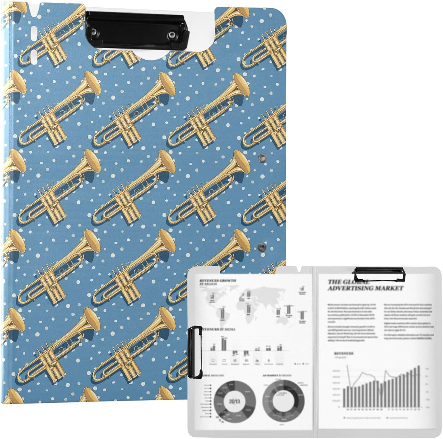 Waterproof Clipboard Folder,Trumpet Blue Polka Dots A4 File Holder with Dual Metal Binder Clips,360 Degree Foldable,Scratch-Resistant Surface for Document Organization
