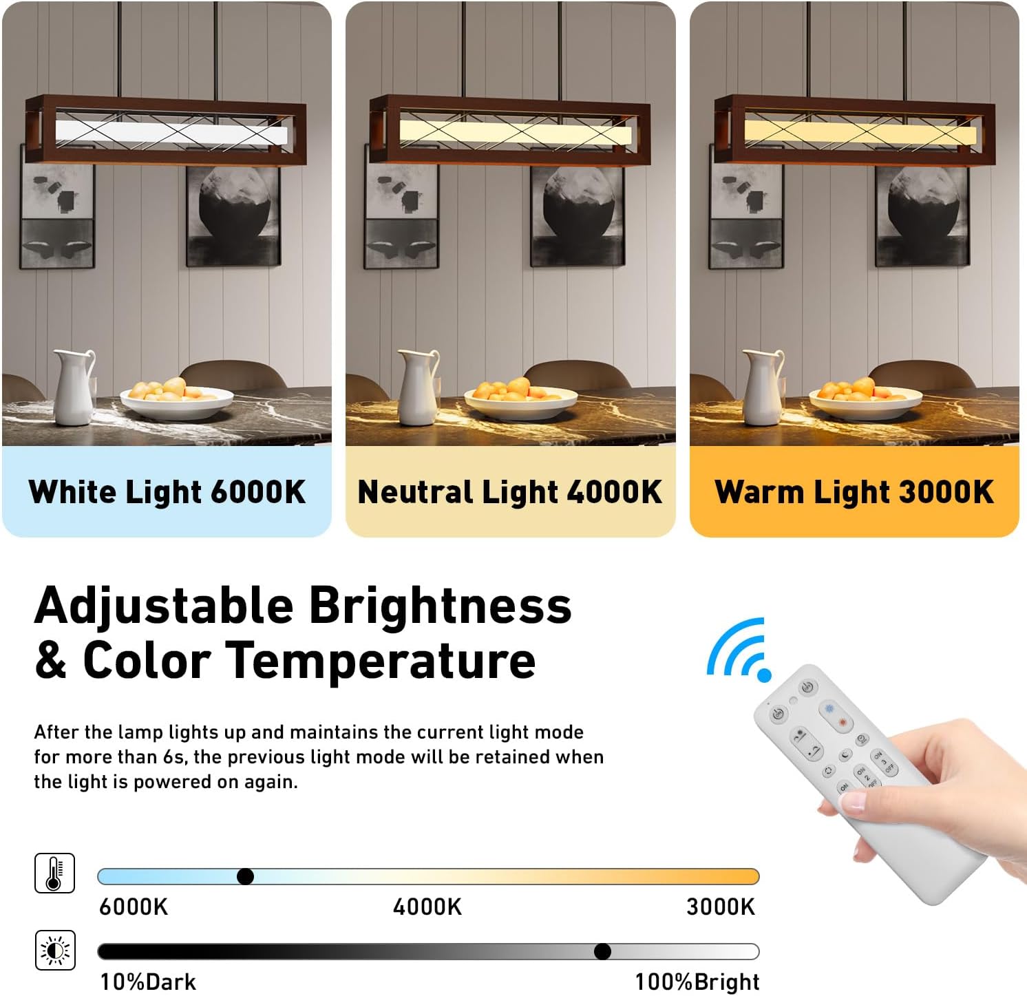 31.5" Farmhouse Kitchen Island Lighting, Rustic Wood Linear Chandeliers for Dining Room Light Fixture, 30W LED Dimmable Rectangular Pendant Lights for Kitchen Island Over Table with Remote