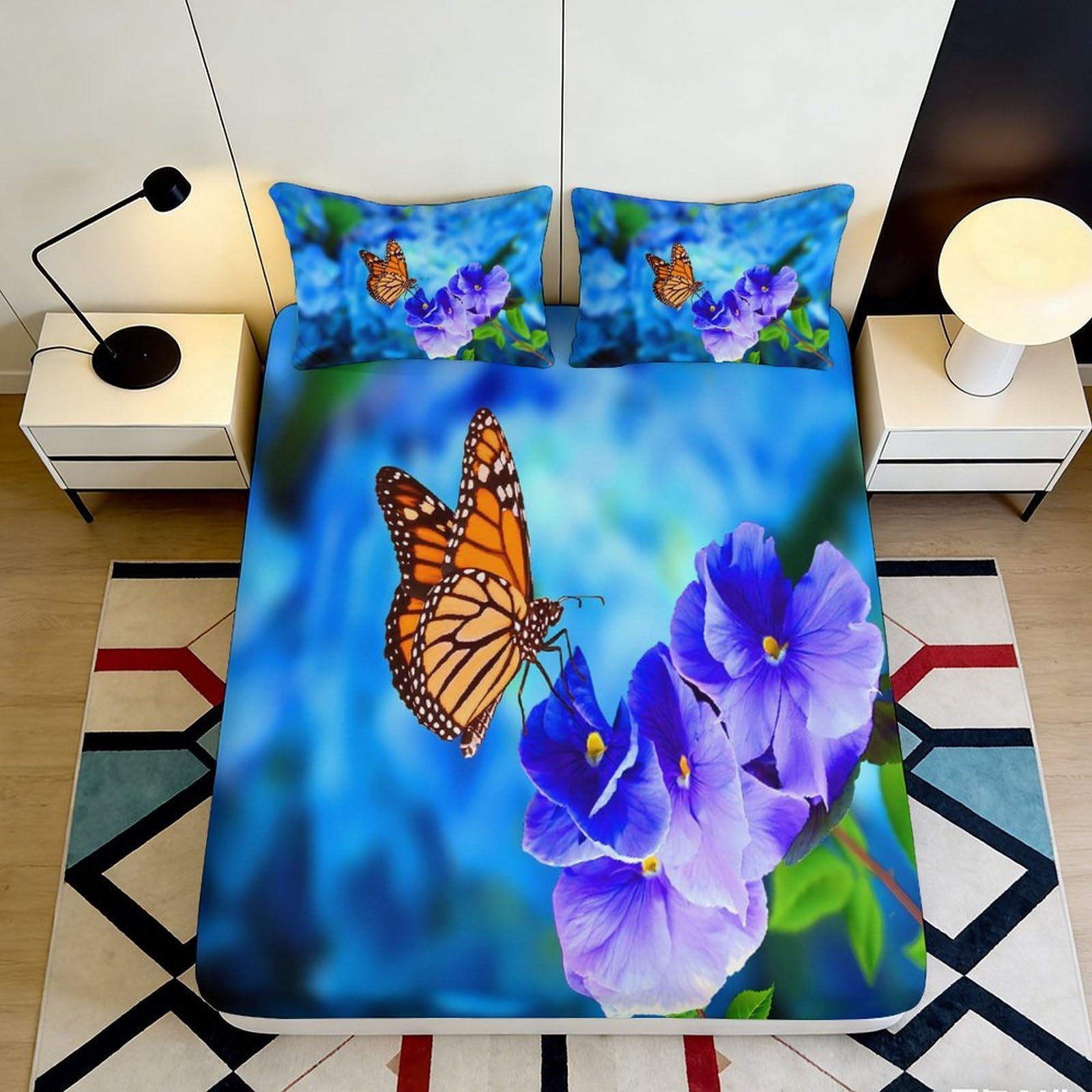 Jqzkxnhpbr Style-3 3D Printed Butterfly Floral Fitted Sheet Microfiber Soft Blue Bed Sheet For Bedroom Guest Room Decor Protection 90X200x25cm