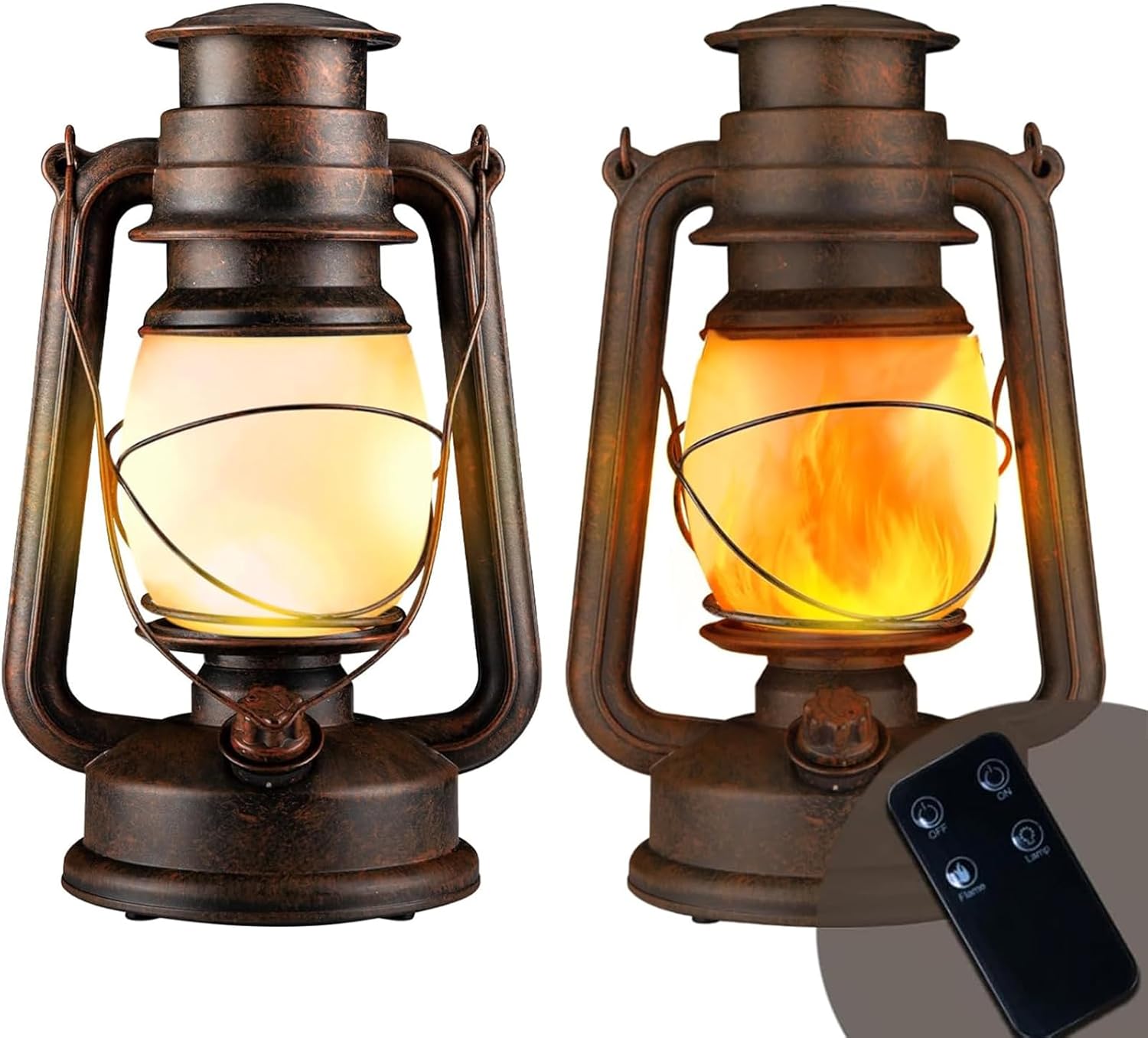 Dancing Flame Led Vintage Lantern, Outdoor Hanging Plastic Lantern Operated with Remote Control Two Modes Christmas Decorations Lights Battery Powered for Garden Patio Deck Yard Path 2 Pack