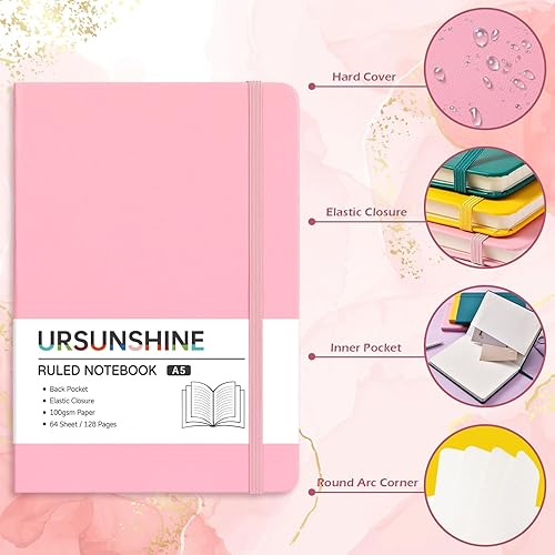 Miniatura 3 de Cuaderno rayado  Paquete de 3 cuadernos A5 con bolsillo trasero, cuaderno rayado, diario en espiral para mujeres, 5.7 x 8.4 pulgadas, 128 páginas,