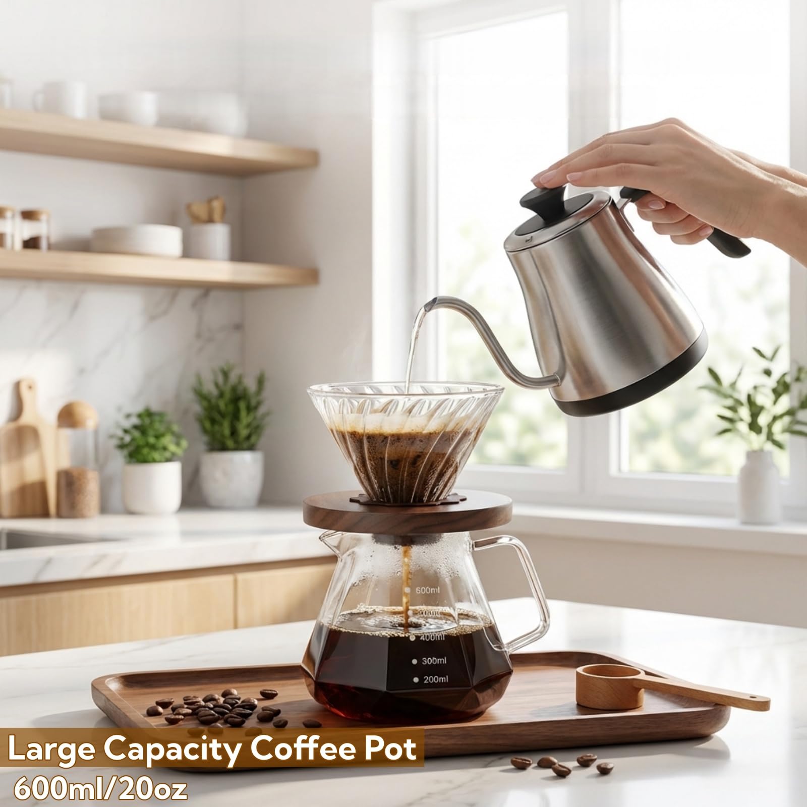 Pour over - Lot de 50 cafetières en verre borosilicate avec couvercle en verre borosilicate - 50 filtres en papier - Poignée en noyer - Pour la maison, le café, le restaurant