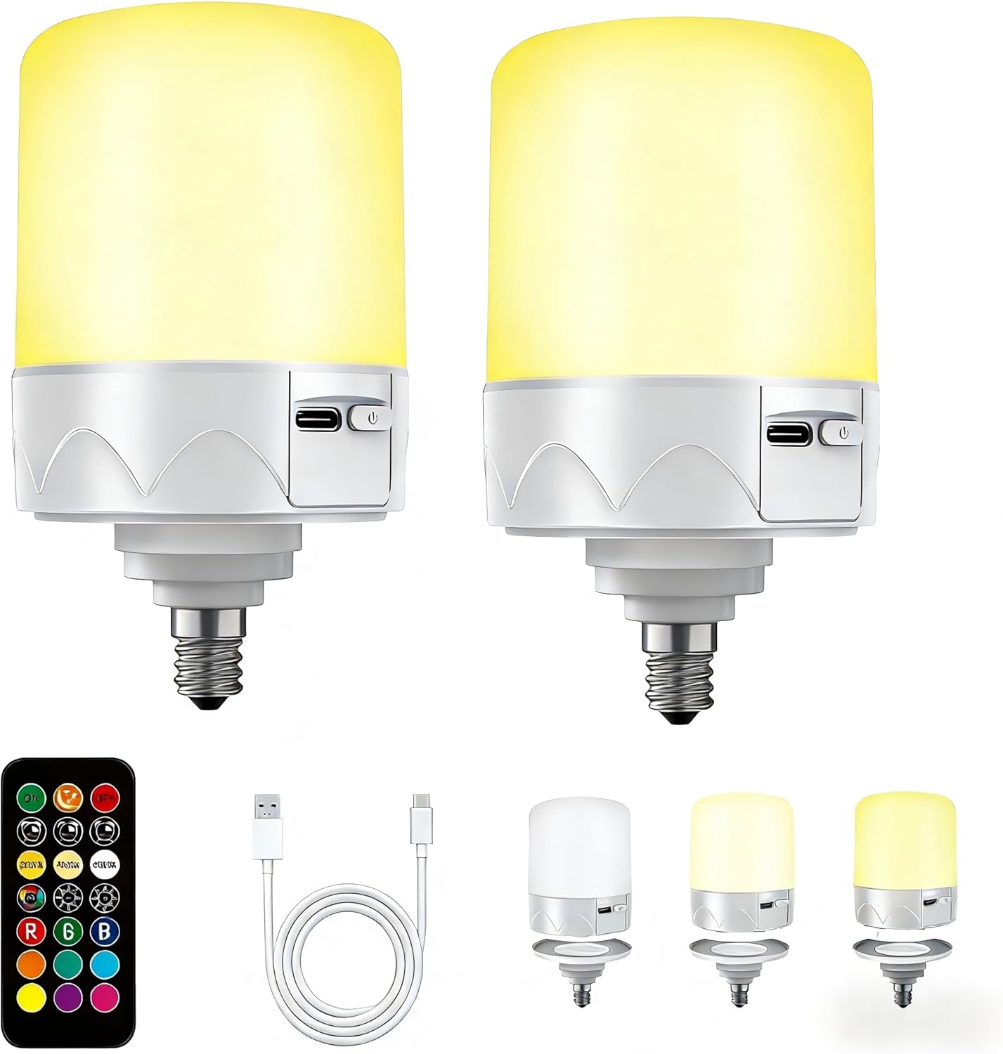 Rechargeable Light Bulbs for Non-Hardwired Fixtures, Battery Backup Bulb for Sconces and Lamps with Remote Timer, 3 Color Temps, Dimmer, Magnetic, E26 (2, 3 Color+RGB-E12)