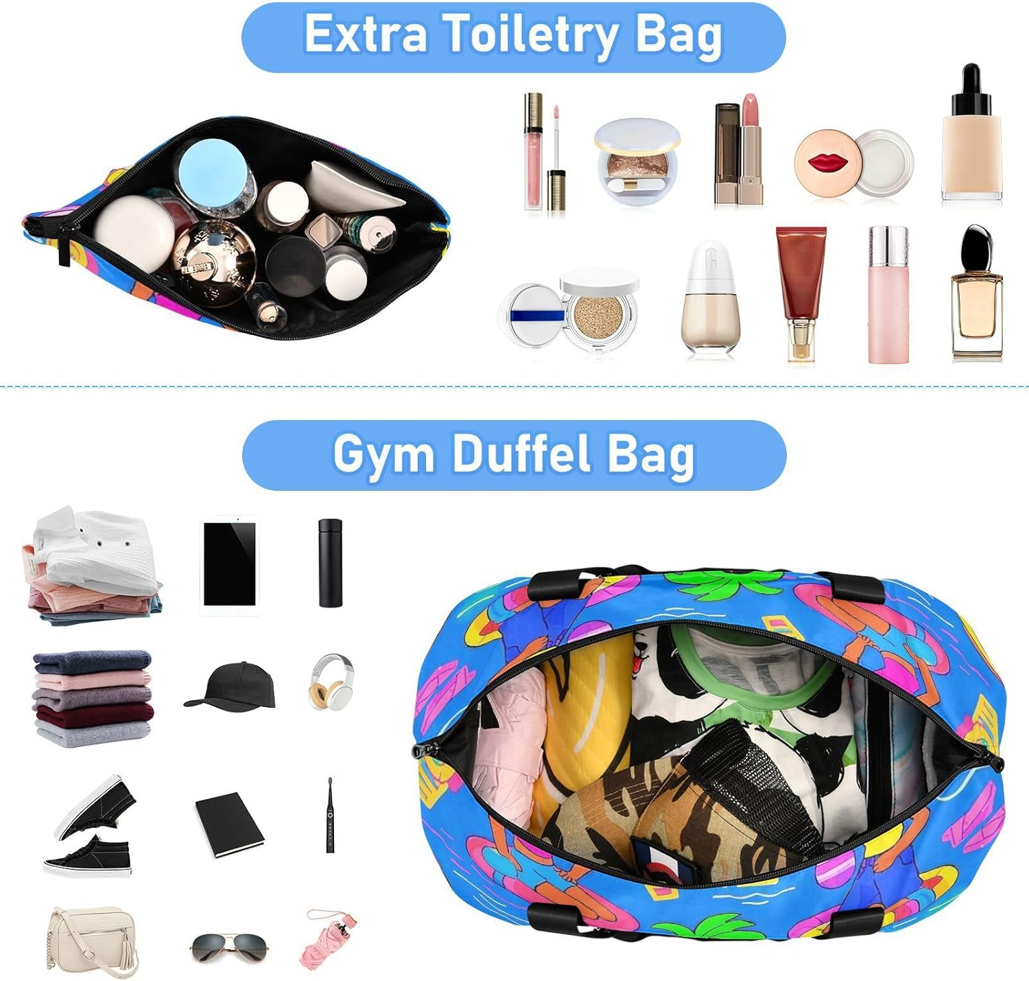 Blue Beach Party Cartoon Summer Sports Tote Gym Bag Large Carry On Bag with Toiletry Bag for Yoga Large Capacity