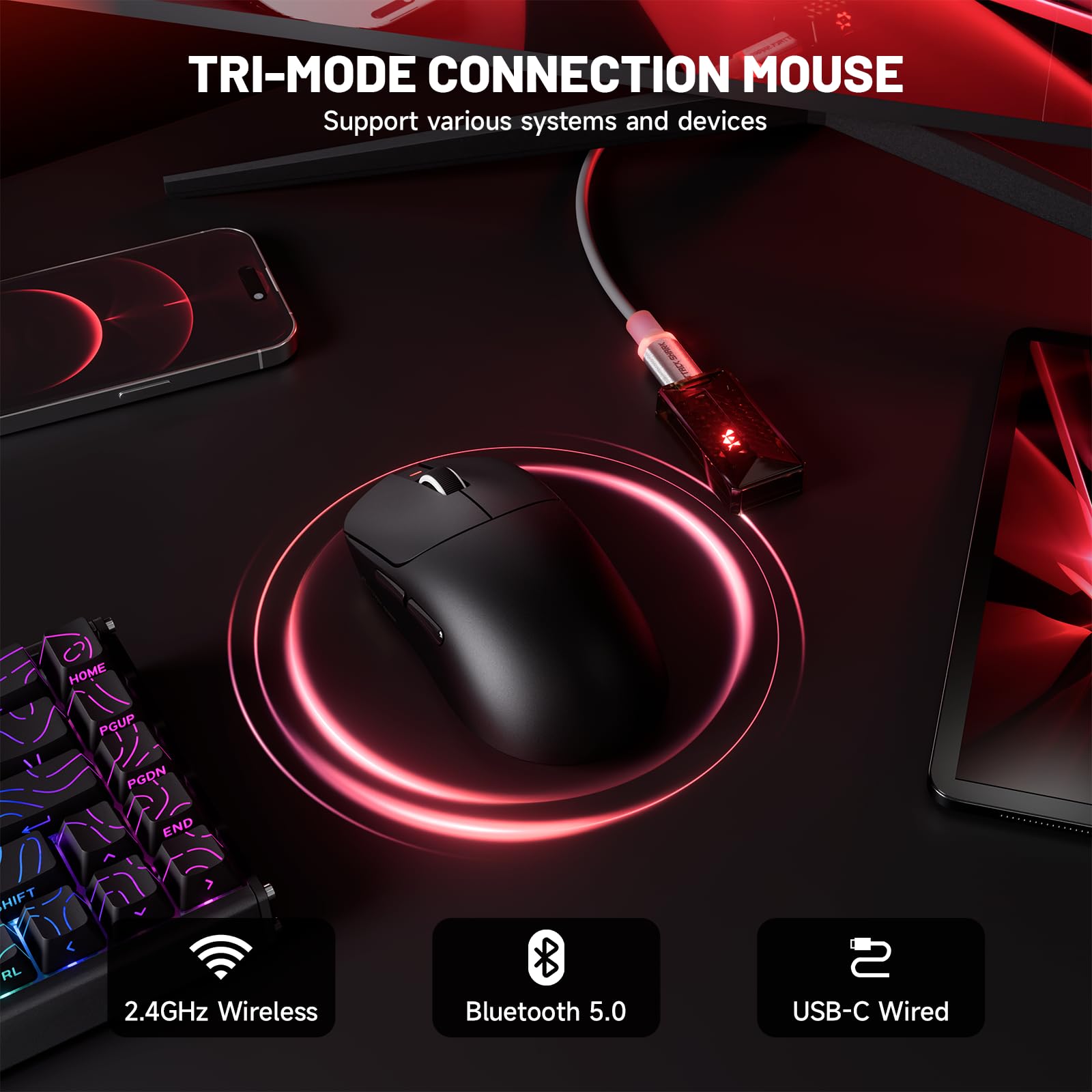 ATTACK SHARK X8 Serie Ratón Gaming Inalámbrico, 55–65 g Ultraligero, Sensor PixArt PAW3395/3950, Bluetooth/2.4G & USB, hasta 42.000 dpi, Cable LED C06 Ultra (Negro, X8 Ultimate)