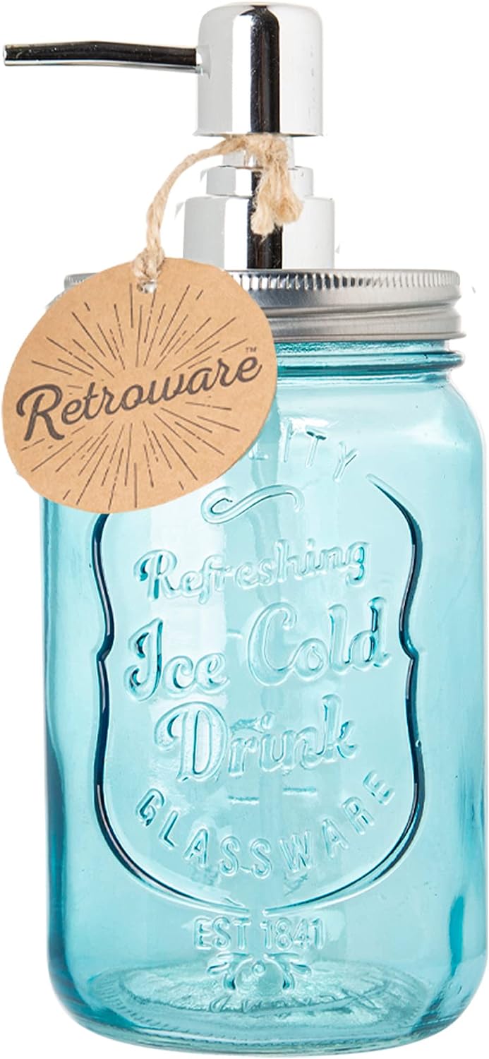 MosJos Mason Jar Soap Dispenser - 15 Oz Rustic Soap Dispenser for Kitchen and Bathroom - Lotion Dispenser Mason Jar – Vintage Design – Easy to Refill – Pink Glass Jar Soap Container with Pump (Aqua)