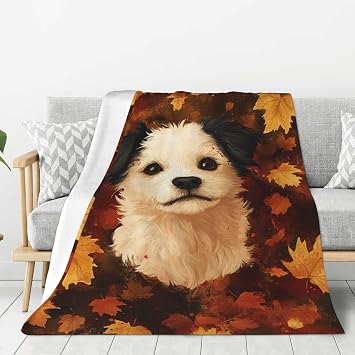 Flannel Blanket,Playful Puppy in Pile of Autumn Leaves,Lightweight Blankets,Ultra-Soft and Cozy,Cute Dog Buried in Yellow Foliage for Stress-Relieving Snuggles,Gifts for Family 60X80 Inch