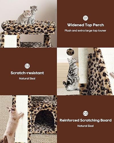 Vista 4 de Small Leopard Print Cat Tree for Indoor Cats Short Tower with Scratching Post, Ramp Pad, Condo with Perch Bed, Kittens Play House, Hanging Plush