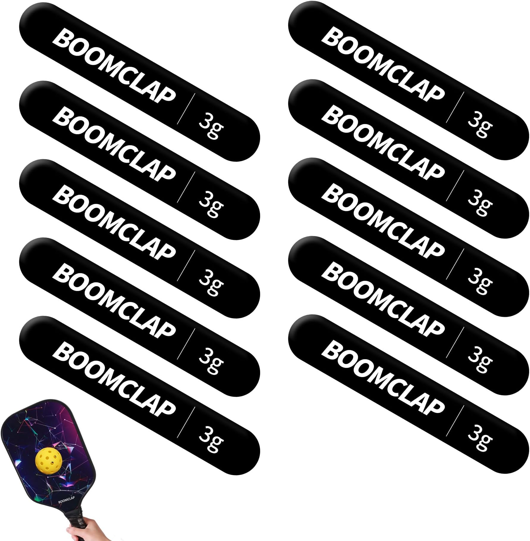 BOOMCLAP10 PCS Pickleball Lead Tape - 3g Weighted Lead Tape Strips-Lead Weights ＆ Tungsten Tape for Pickleball Paddles - Increase Power ＆ Swing Speed - Application on Edge Guard - Black