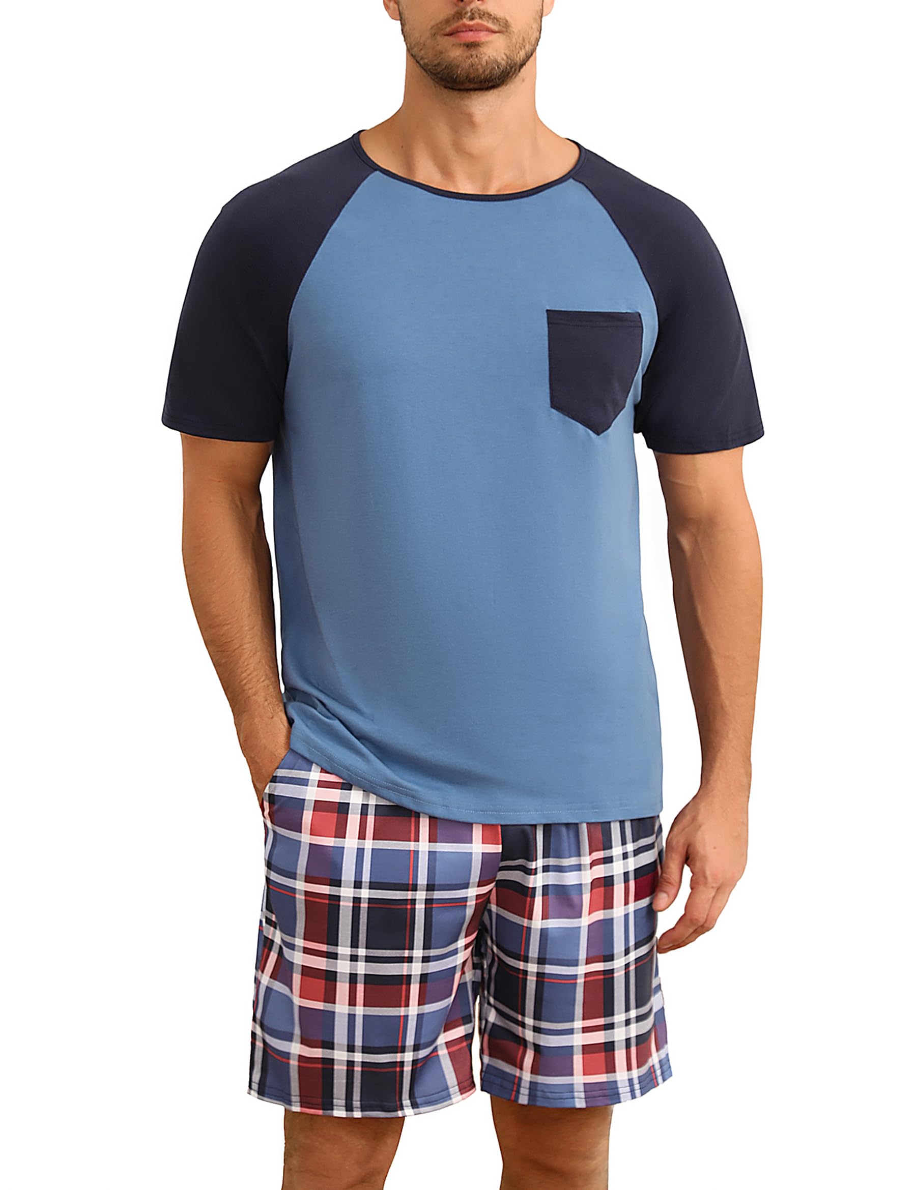 Jahetuul Pijama Corto Hombre Verano Conjunto de Pijama Verano Hombre con Bolsillos Pijama Hombre Algodon a Cuadros Conjunto de Pijama de Dos Piezas para Hombre