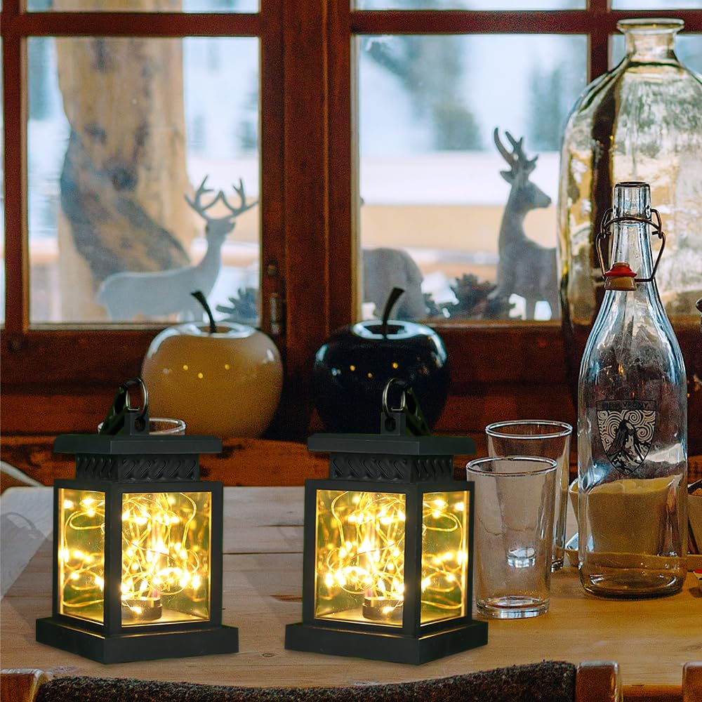 JHY DESIGN Zestaw 2 latarni solarnych LED do użytku na zewnątrz, dekoracyjne solarnie z uchwytem, LED lampa wisząca, dla ogrodu, tarasu, patio, balkonów (Z uchwytem)