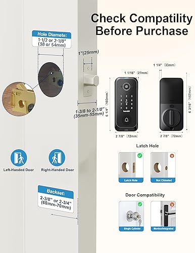 Miniatura 8 de Cerradura inteligente de video con cámara anillo 4 en 1+cámara 2K+timbre+huella dactilar Hornbill Cerradura de puerta de entrada sin llave, cerrojo